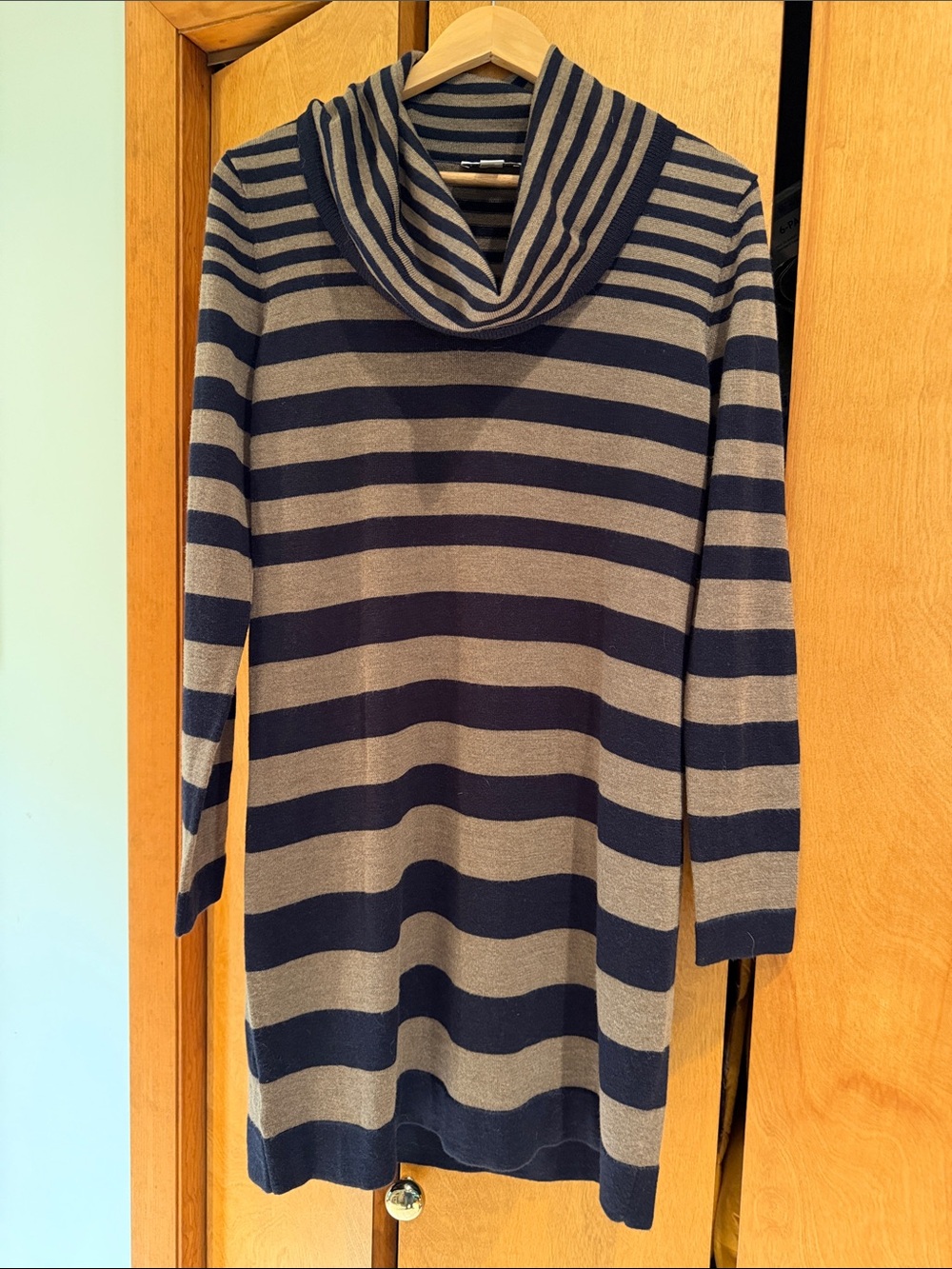 LOFT Navy Taupe Striped Fine Long Sleeve Merino Blend Cowl Neck Dress Large